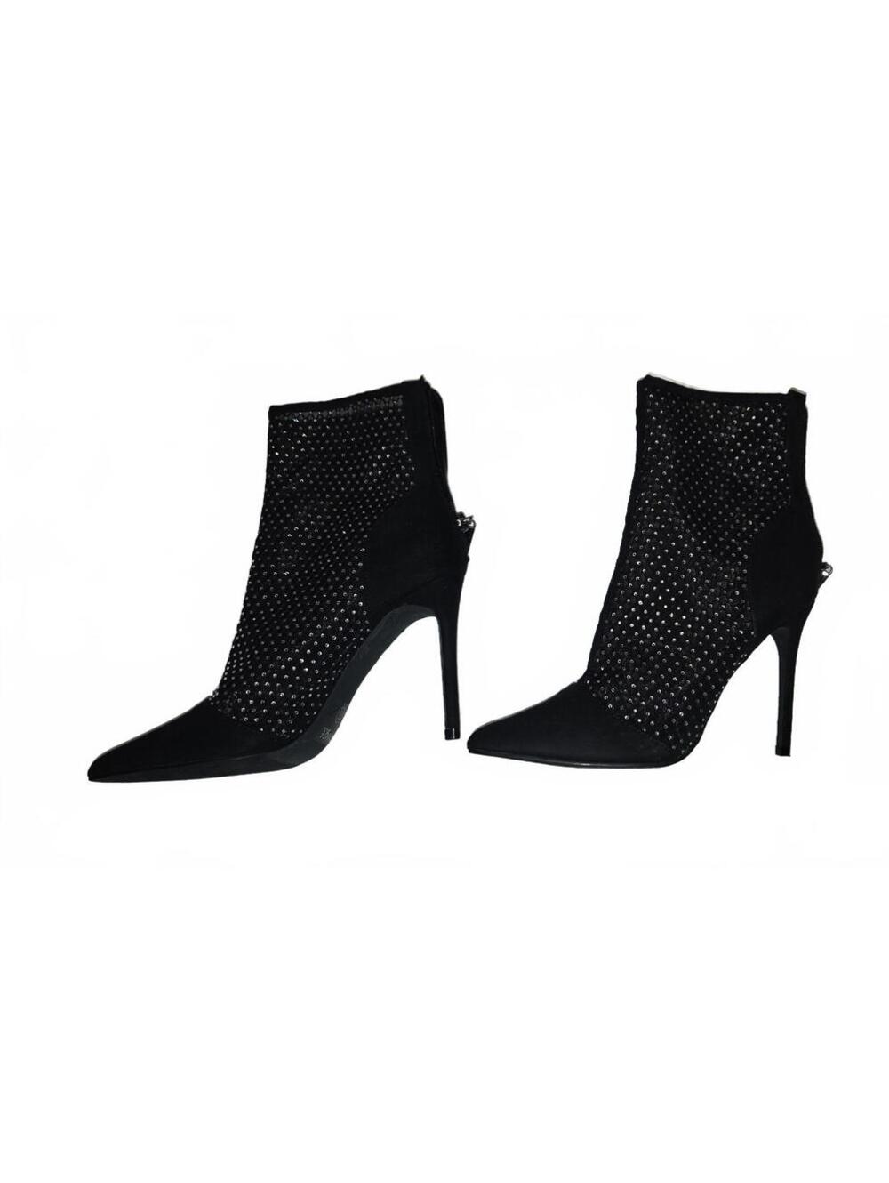 Black Mesh and Suede Stiletto Ankle Boots with Rhinestones